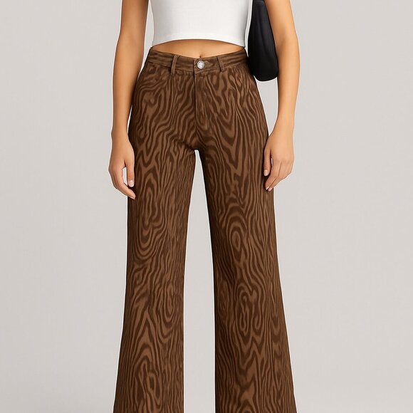 Poster Girl Brown Swirl Print Wide Leg Pants Retro 70s Statement Jeans Size Med - Picture 2 of 9